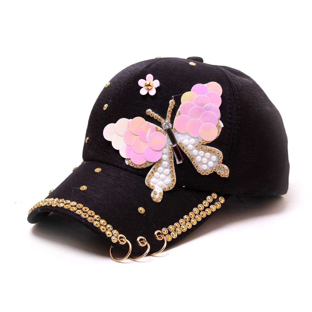 Butterfly Sequin Rhinestone Peaked Brim Sun Protection Cap/Hats