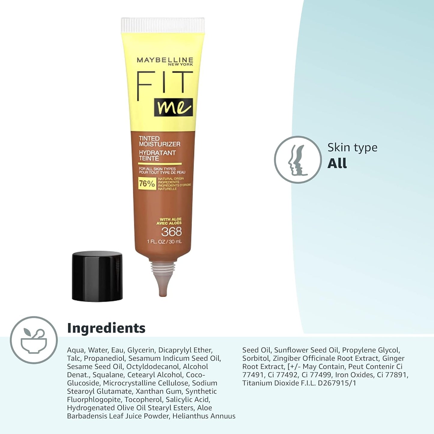 Fit Me Tinted Moisturizer, Natural Coverage, Face Makeup, 368, 1 Count