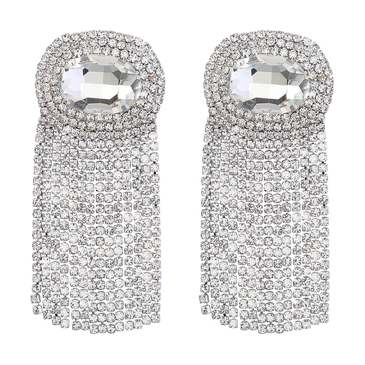 Elegant Oval Rhinestone Tassel Earrings - Silver