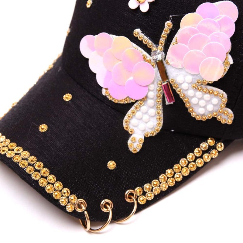 Butterfly Sequin Rhinestone Peaked Brim Sun Protection Cap/Hats