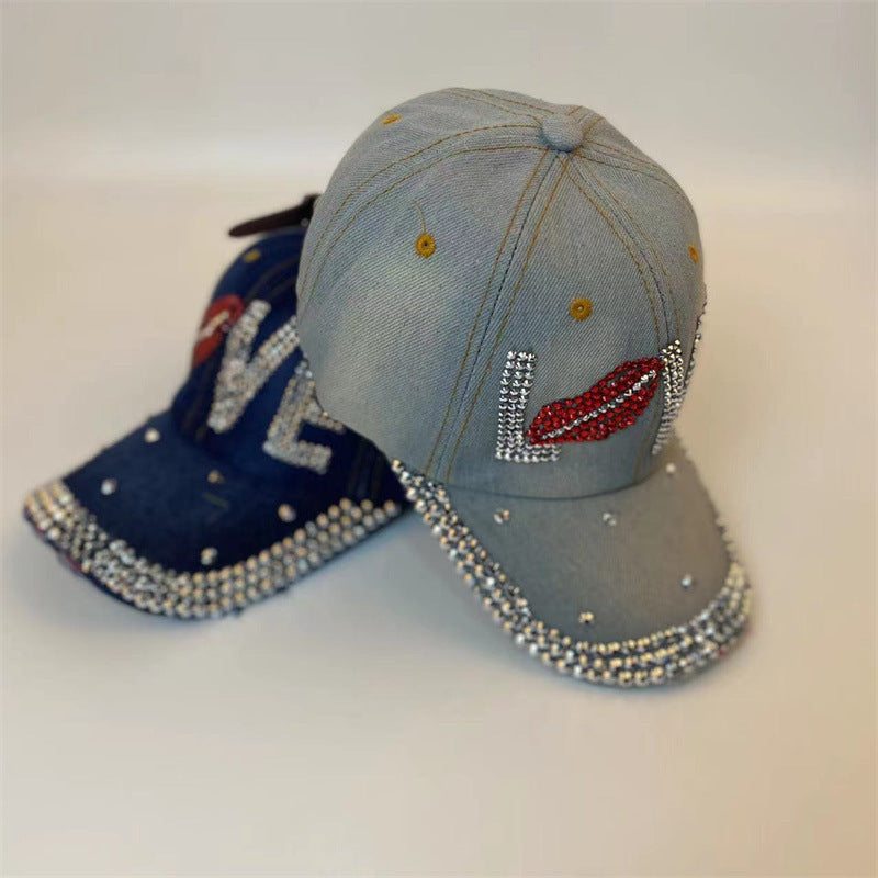 Fashion Denim Rhinestone Baseball Love Letter Cap/Hats