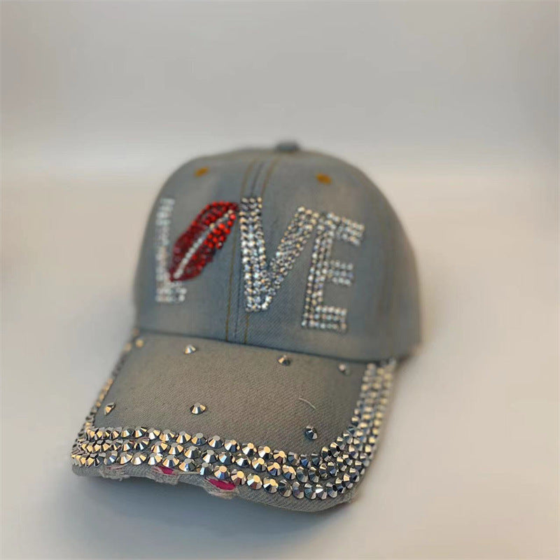 Fashion Denim Rhinestone Baseball Love Letter Cap/Hats